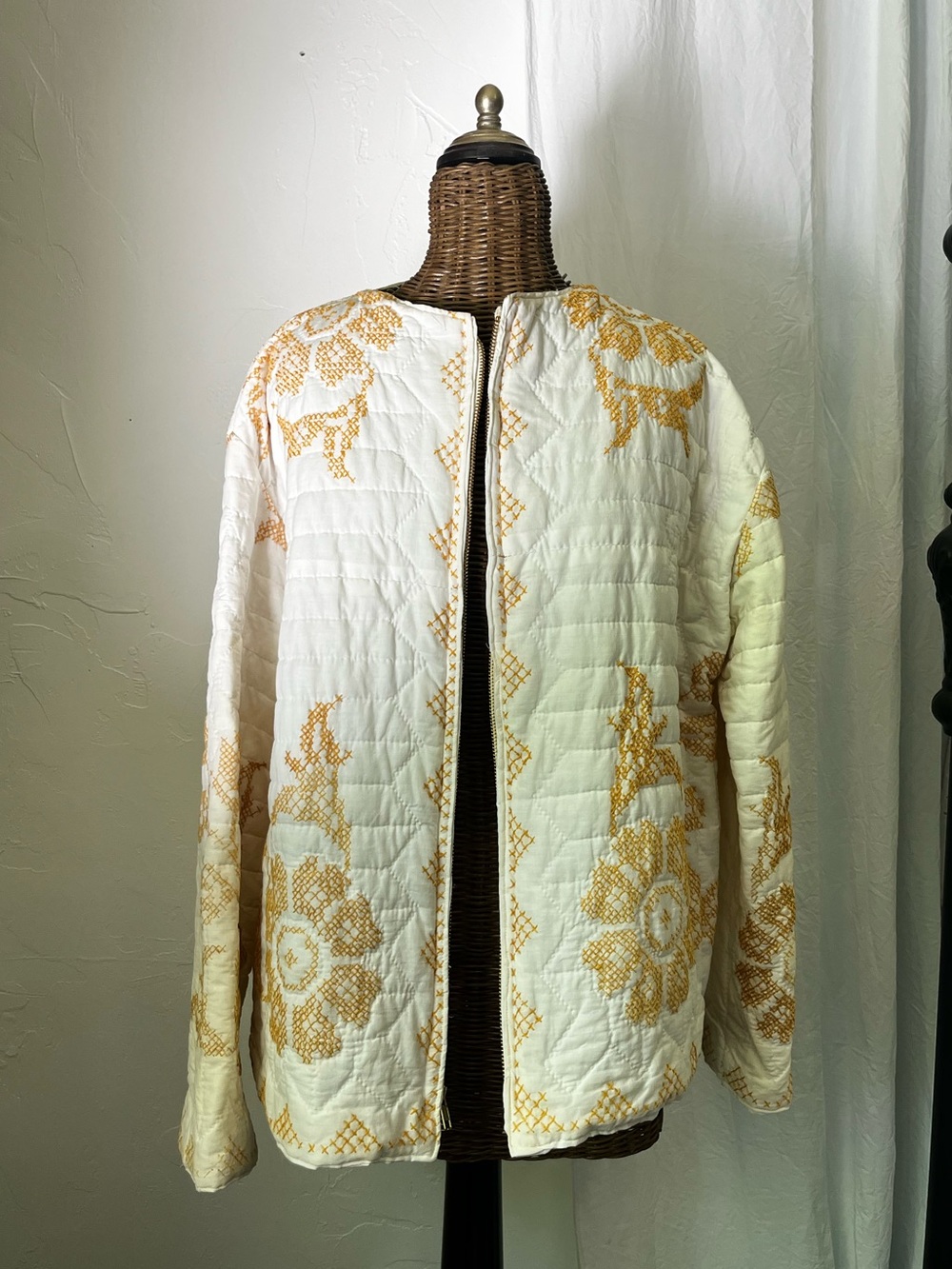 Quilted Embroidered Open-Front Jacket - Cream with Mustard Embroidery